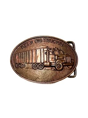 Vintage 70s Copper Bronze Belt Buckle Keep On Truckin Semi-Truck Graphic